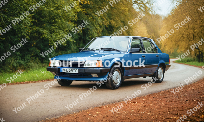 Stock Photo of Car on the forest road overcast day blue car