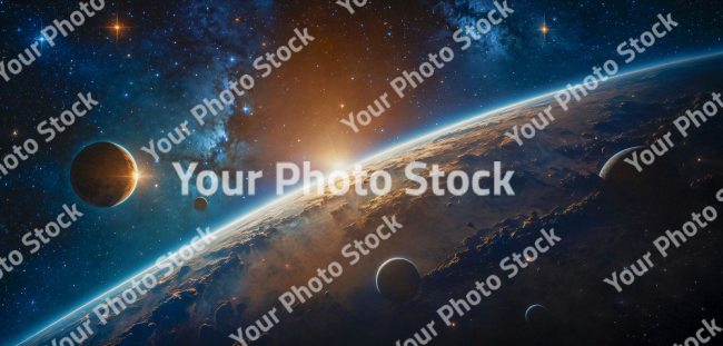 Stock Photo of Planet universe space with satellite