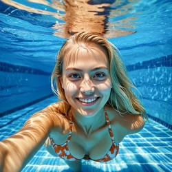 Woman swim in the pool blonde hair selfie