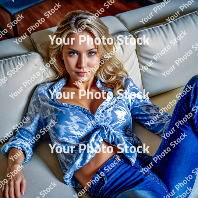 Stock Photo of Woman posing in the sofa with jeans blonde hair young model