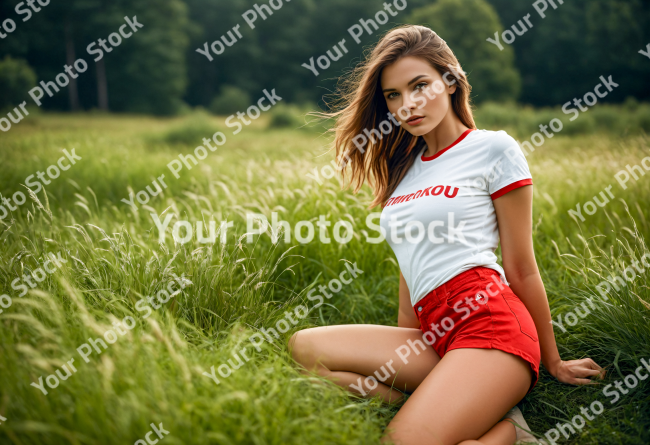 Stock Photo of Woman model white tshirt and red shorts in the grass long hair