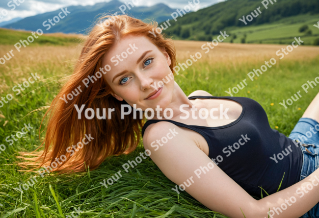 Stock Photo of Woman red hair in the grass with jeans and black tshirt