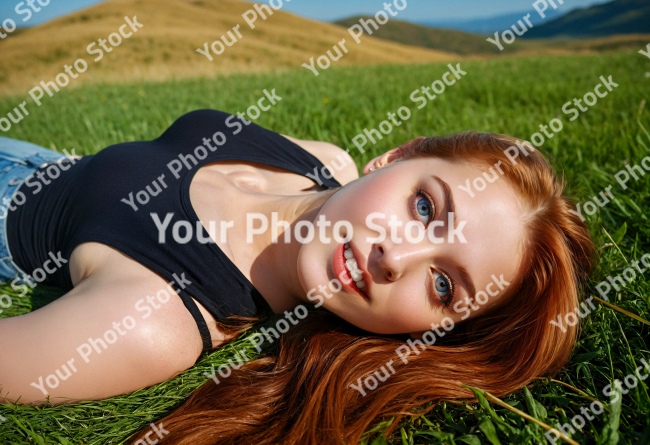 Stock Photo of Woman red hair in the grass with jeans and black tshirt