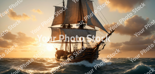 Stock Photo of old ship painting illustration sailing in the sea