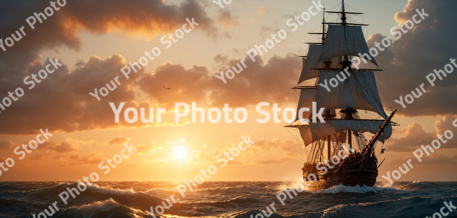 Stock Photo of old ship painting illustration sailing in the sea