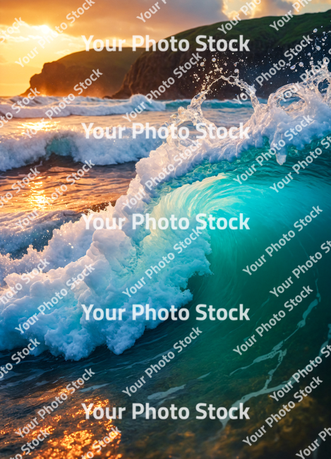 Stock Photo of Sea wave in the sunset ocean brave