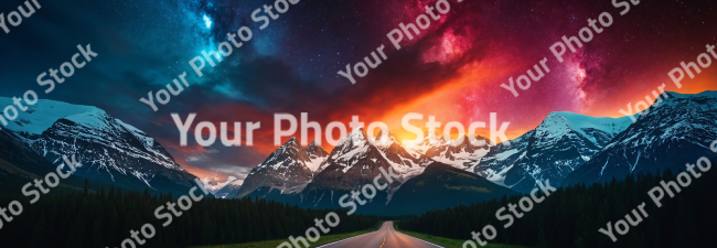 Stock Photo of Landscape road to the mountain sunset