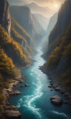 Stock Photo of River on the mountains painted
