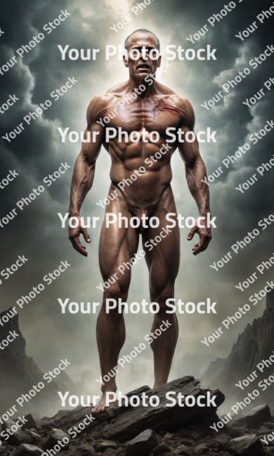 Stock Photo of Character old man on rocks with clouds 2D Art cover
