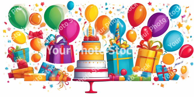 Stock Photo of birthday party elements design illustration 2d globes and cake