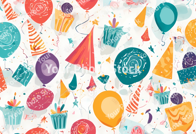 Stock Photo of birthday party elements design illustration 2d globes and cake