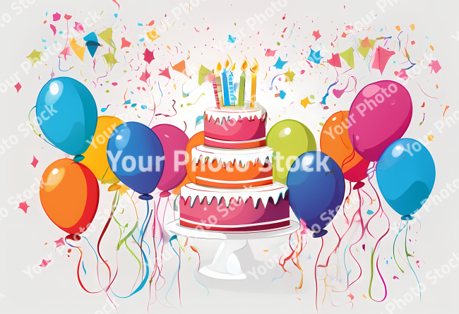 Stock Photo of birthday party elements design illustration 2d globes and cake