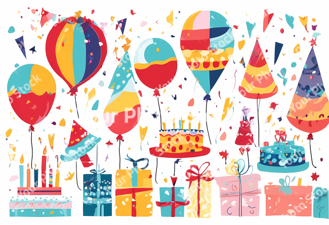 Stock Photo of birthday party elements design illustration 2d globes and cake