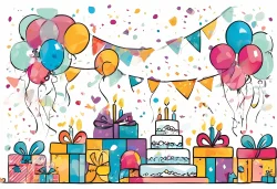 Stock Photo of birthday party elements design illustration 2d globes and cake