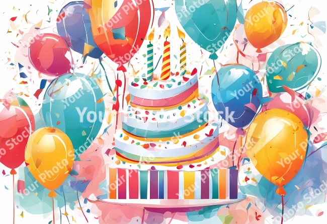 Stock Photo of birthday party elements design illustration 2d globes and cake