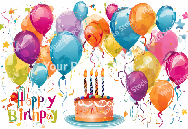 Stock Photo of birthday party elements design illustration 2d globes and cake