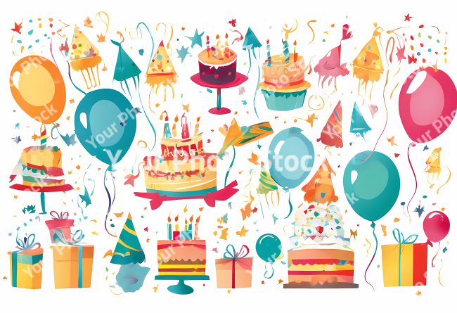 Stock Photo of birthday party elements design illustration 2d globes and cake