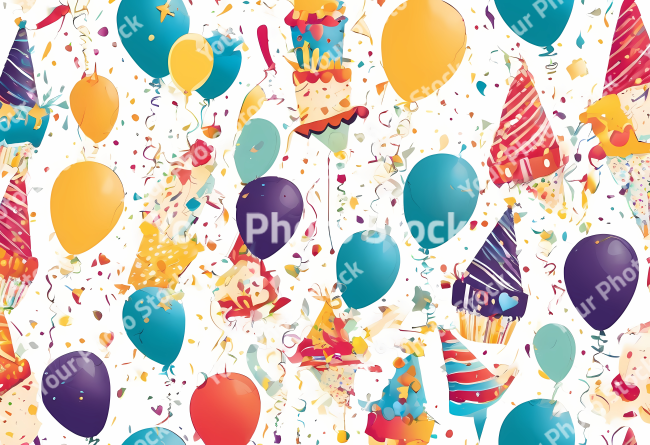 Stock Photo of birthday party elements design illustration 2d globes and cake