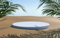 Stock Photo of Empty podium for product presentation with palm leaf on the sand 3d