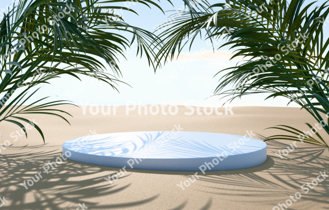 Stock Photo of Empty podium for product presentation with palm leaf on the sand 3d