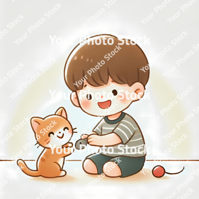Stock Photo of child playing with a cat illustration 2d