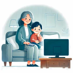 Stock Photo of grandmother and child watching tv in the sofa illustration 2d