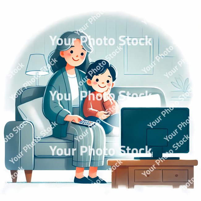 Stock Photo of grandmother and child watching tv in the sofa illustration 2d