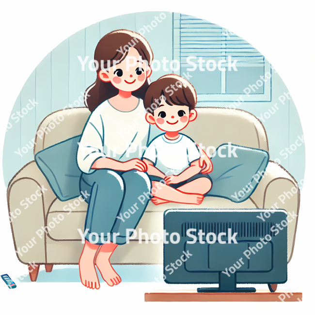 Stock Photo of parent and child watching tv illustration 2d