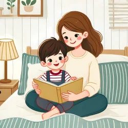 Stock Photo of mother and child reading a book together illustration 2d