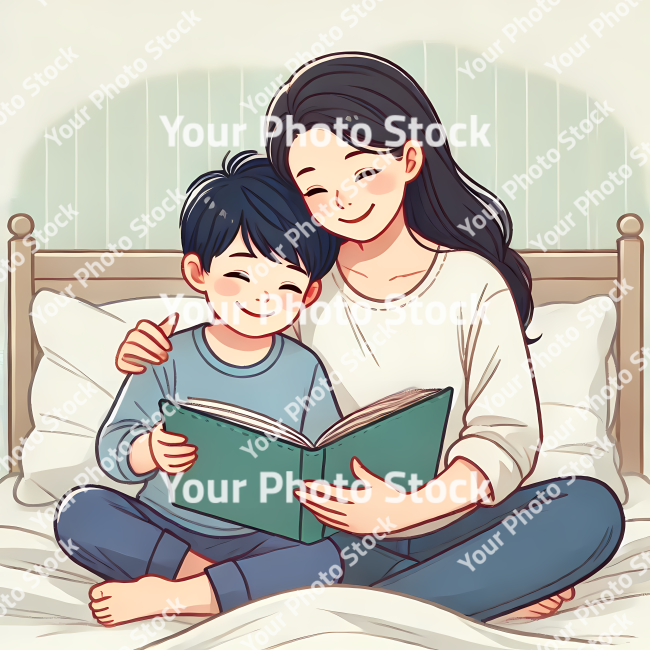 Stock Photo of mother and child reading a book together illustration 2d
