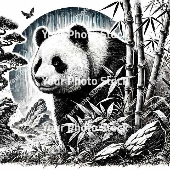 Stock Photo of panda in bamboo ink illustration 2d