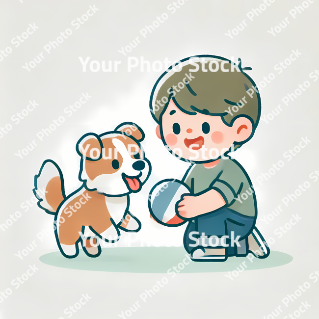 Stock Photo of boy and dog playing with ball illustration 2d