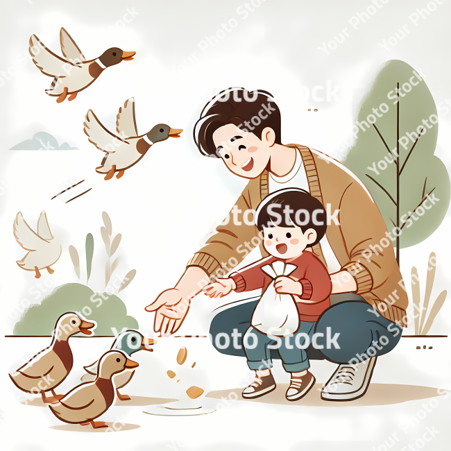 Stock Photo of family father and child with birds