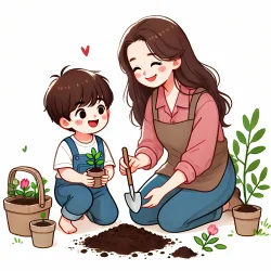 Stock Photo of mother and child with plants in the garden illustration 2d