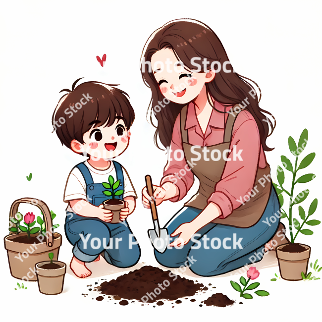 Stock Photo of mother and child with plants in the garden illustration 2d