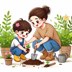Stock Photo of parent and children in the garden plants illustration 2d