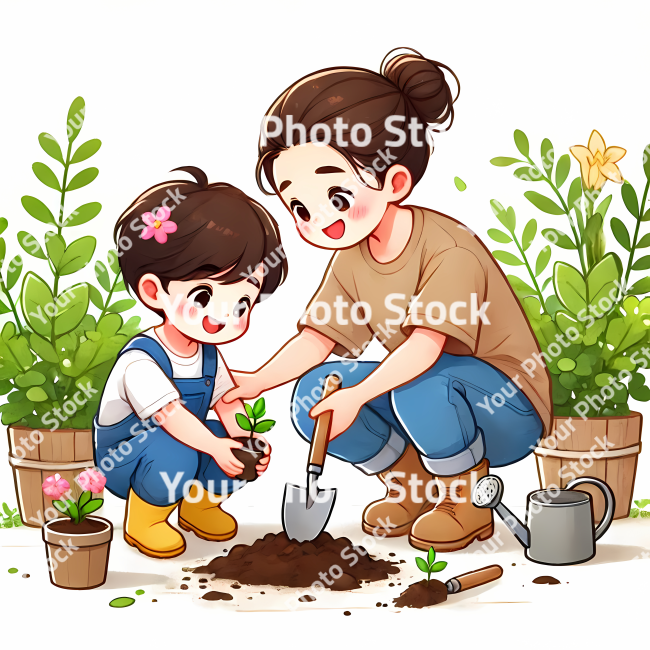Stock Photo of parent and children in the garden plants illustration 2d