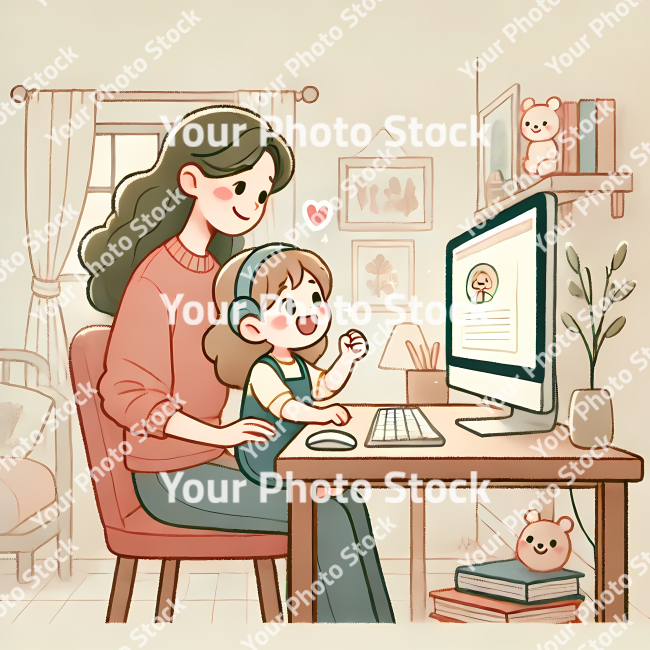 Stock Photo of mother and child in the computer illustrator 2d