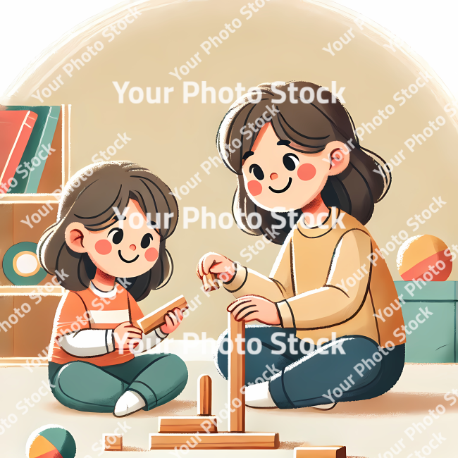 Stock Photo of child and parent playing with blocks illustration 2d