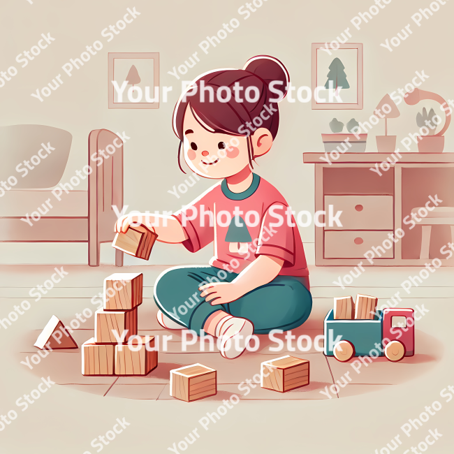 Stock Photo of girl playing with blocks illustration 2d
