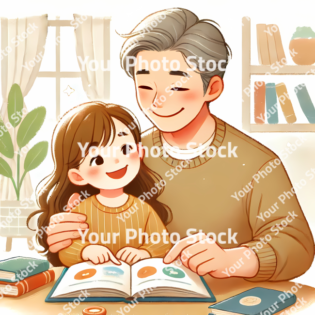 Stock Photo of parent and child reading a book illustration 2d