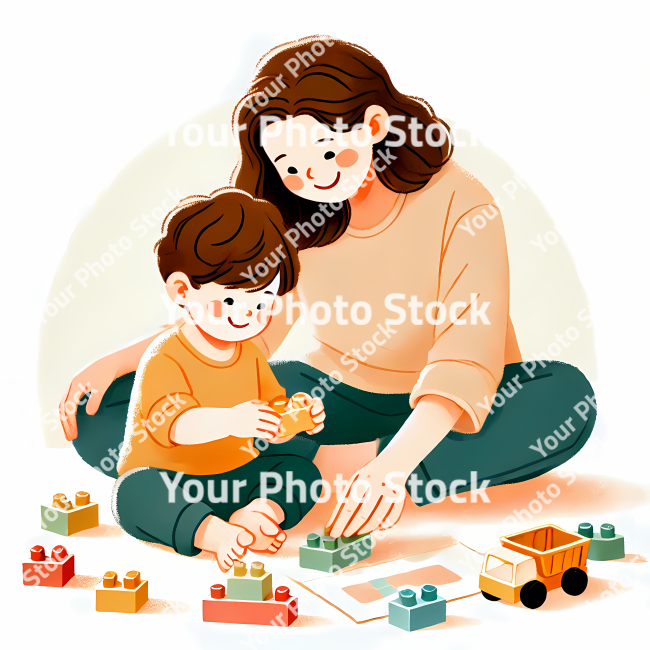 Stock Photo of mother and child playing with toys illustration 2d