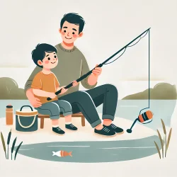 Stock Photo of children and father on a fishing boat illustration 2d