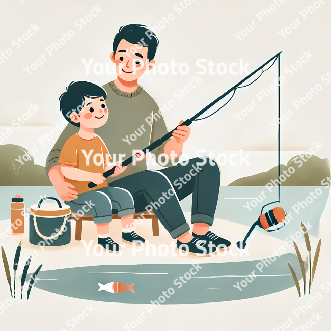 Stock Photo of children and father on a fishing boat illustration 2d