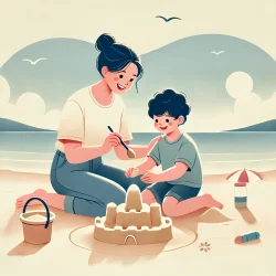 Stock Photo of family on the beach playing with sand illustration 2d