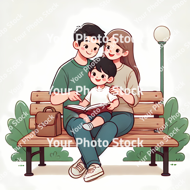 Stock Photo of family sitting on a bench couple illustration 2d
