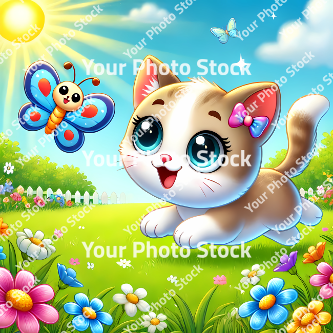 Stock Photo of cat and butterfly in the garden illustration 2d