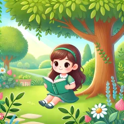 Stock Photo of child girl in the park reading a book illustration 2d