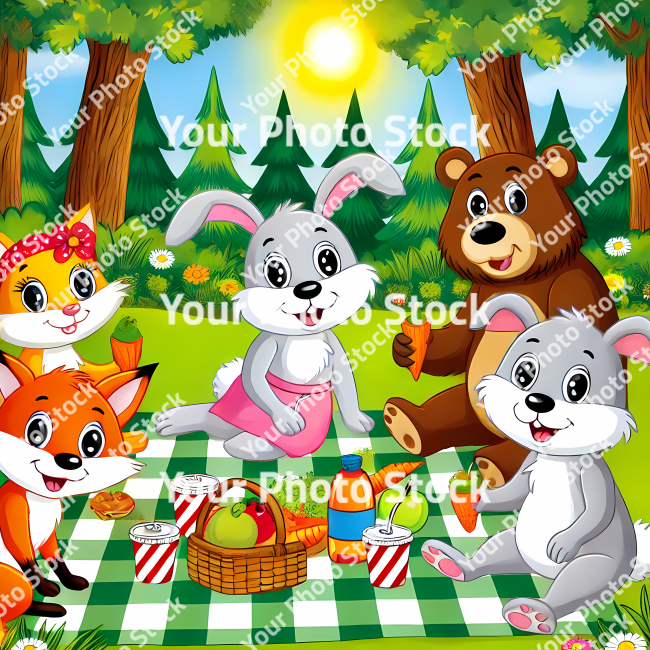 Stock Photo of set of funny animals in the park cahracters illustration 2d