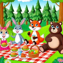 Stock Photo of animals in the forest eating characters illustration 2d